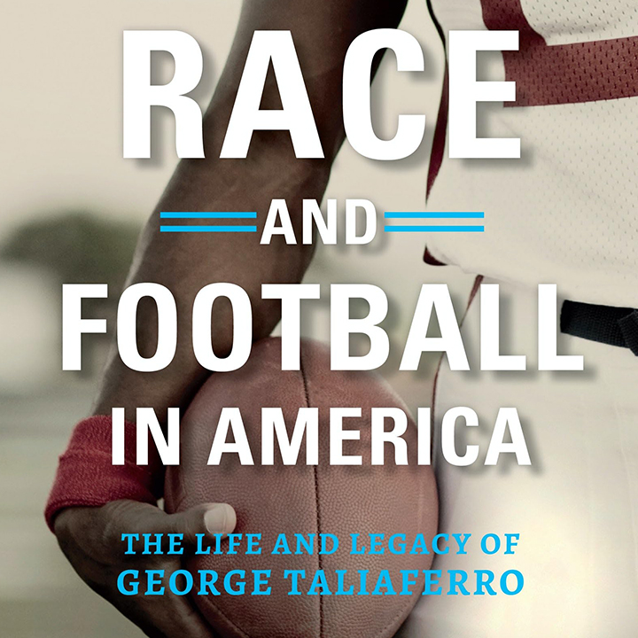 Book cover with title, Race and Football in America, over closeup of Black man's hand holding a football